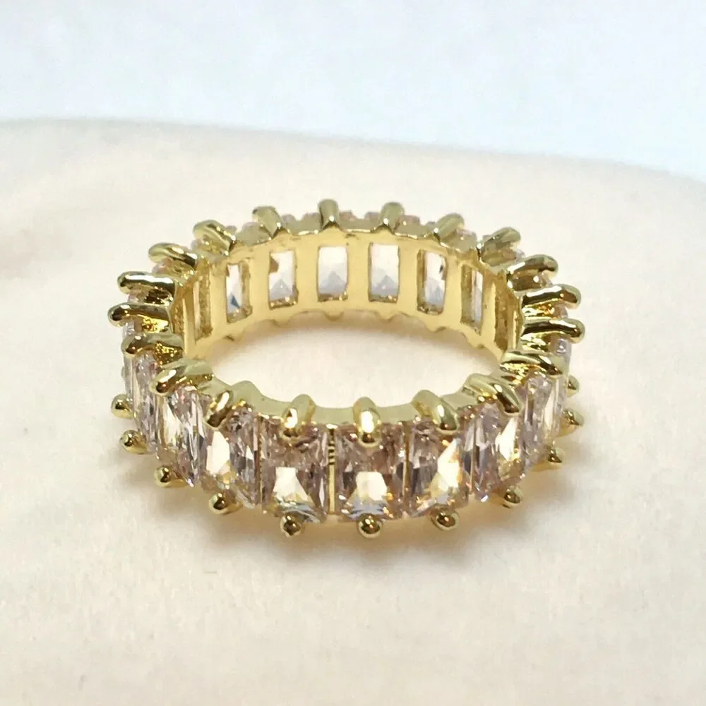 Yellow Gold Plated Eternity Ring Size 6.5 Wide Band Cubic Zirconia Baguettes
